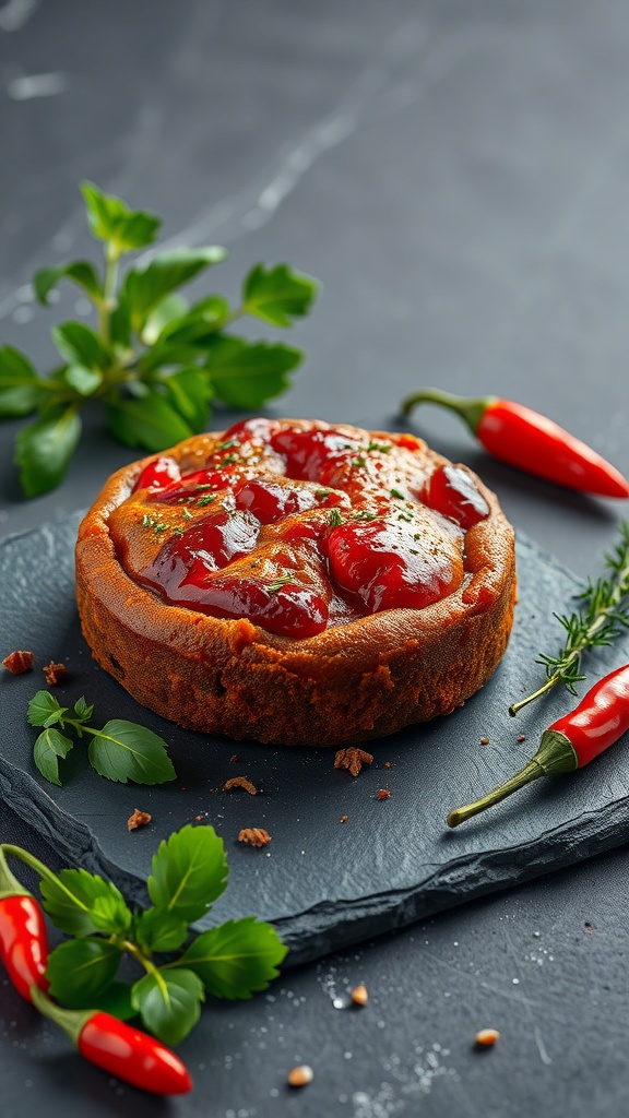 A spicy red pepper cake topped with a glossy red sauce, surrounded by fresh red peppers and herbs.