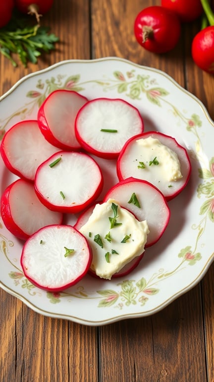 Plate of Radish and Herb Cream Cheese Bites with fresh radishes in the background