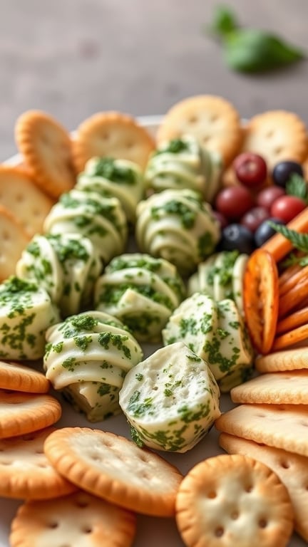 A platter of pesto cheese balls surrounded by various crackers and fresh fruits.
