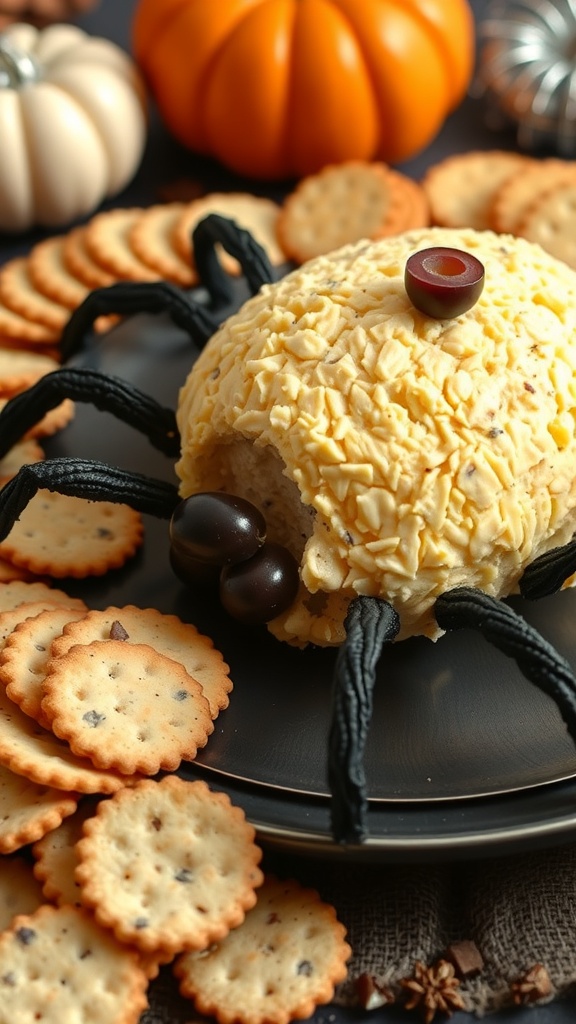 A spider-shaped cheese ball with pretzel legs and olive eyes, surrounded by crackers, perfect for Halloween.