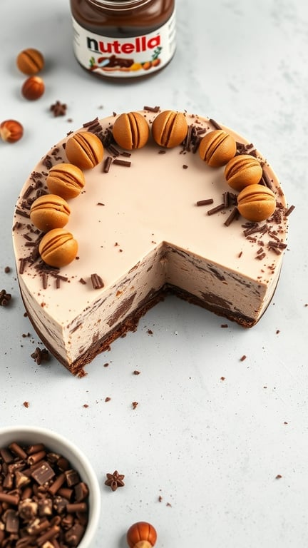 A Nutella cheesecake topped with hazelnut cookies and chocolate shavings, with a slice cut out.