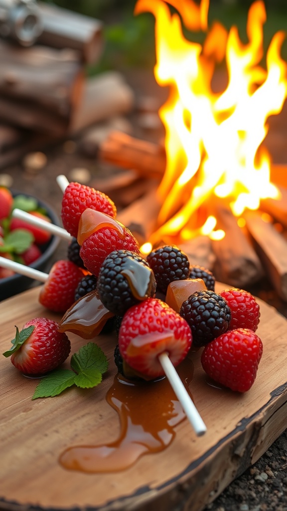 Berry skewers with honey drizzle on a wooden board, with a campfire in the background