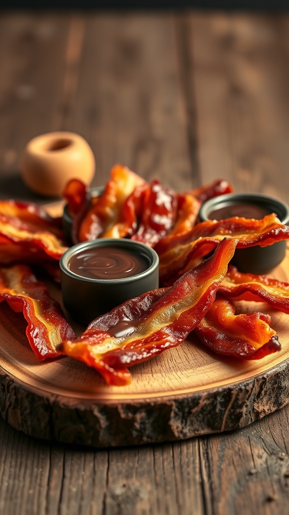 A wooden platter with crispy bacon strips and small bowls of chocolate sauce.