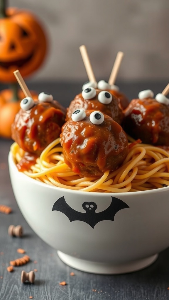 A bowl of spaghetti topped with monster meatballs, decorated with googly eyes.
