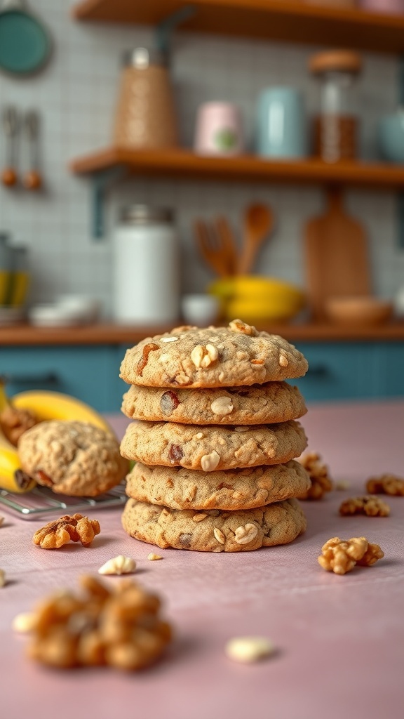 A stack of healthy banana oat cookies with walnuts on a pink surface, surrounded by bananas and walnuts.