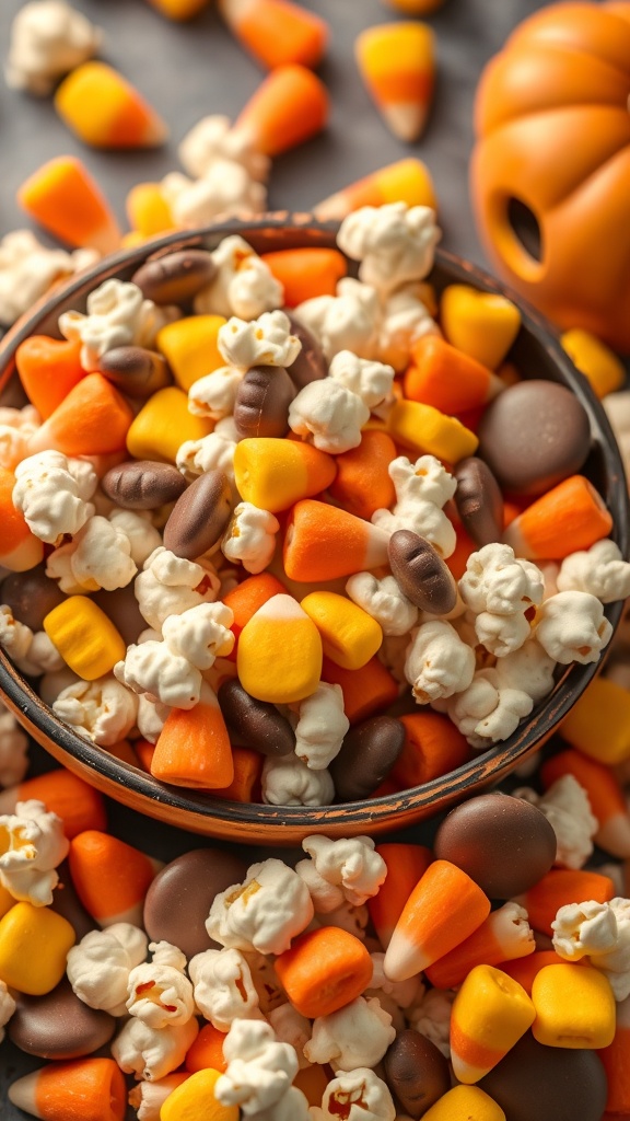 A bowl of Monster Munch Popcorn Mix with popcorn, candy corn, and chocolate candies.