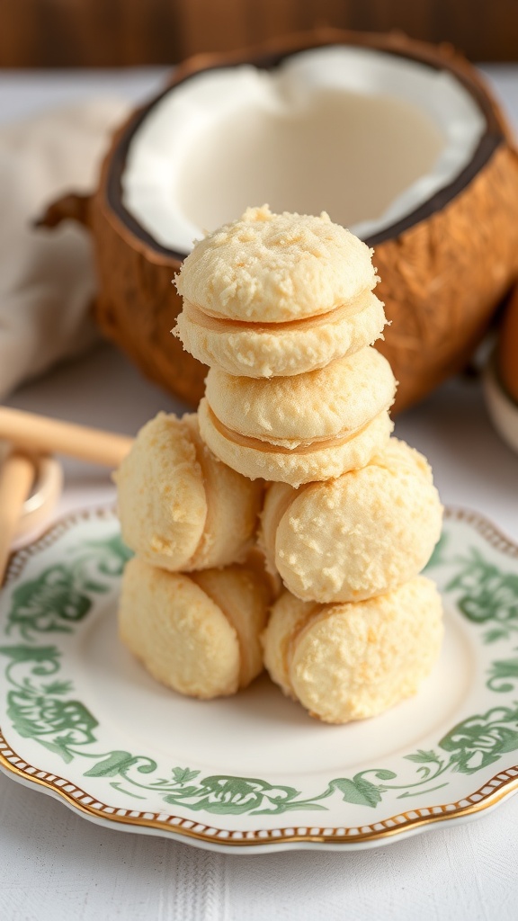 A stack of coconut macaroons on a decorative plate with a coconut shell in the background.