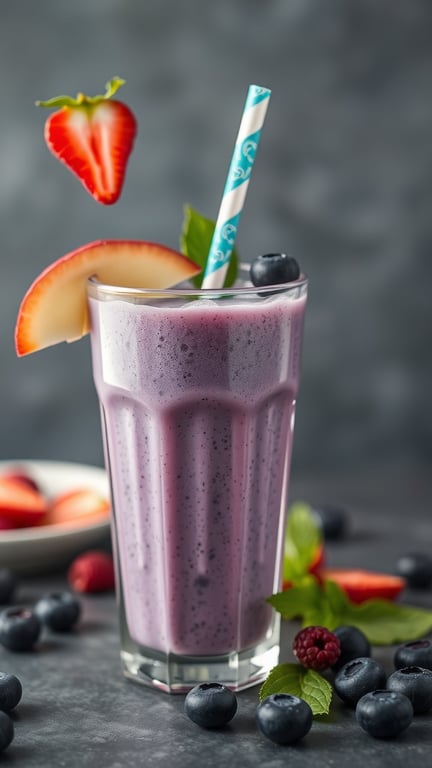 A refreshing blueberry smoothie in a glass, topped with a strawberry and mint, with blueberries scattered around.
