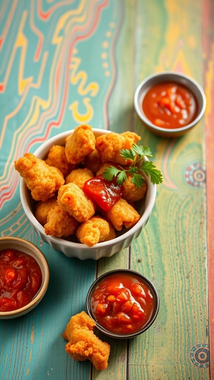 A bowl of crispy chicharrones with salsa roja on a colorful wooden table.
