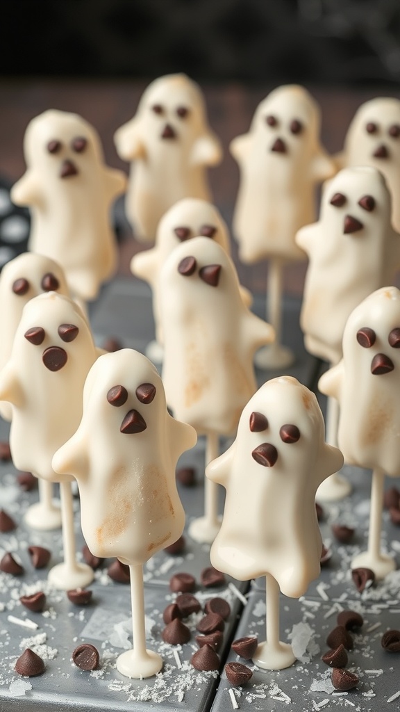Ghostly banana pops dipped in white chocolate with chocolate chip eyes and mouths.