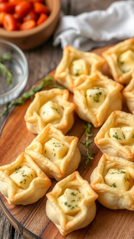 Savory puff pastry bites filled with cheese on a wooden platter.