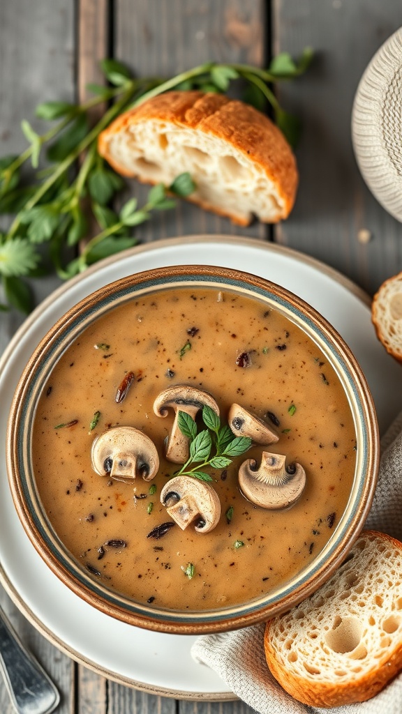 A bowl of creamy mushroom soup garnished with mushrooms and herbs, accompanied by slices of bread.