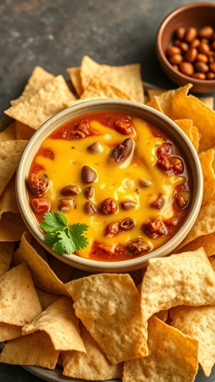 A bowl of chili con queso surrounded by tortilla chips, showcasing a cheesy dip with beans and spices.