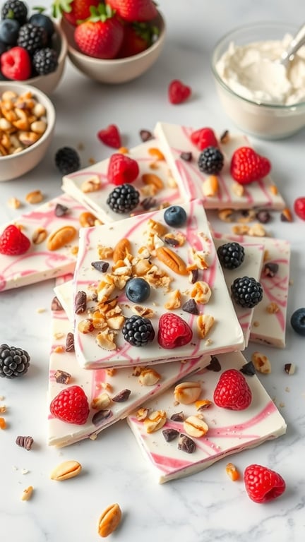 A stack of frozen yogurt bark topped with berries and nuts on a marble surface.