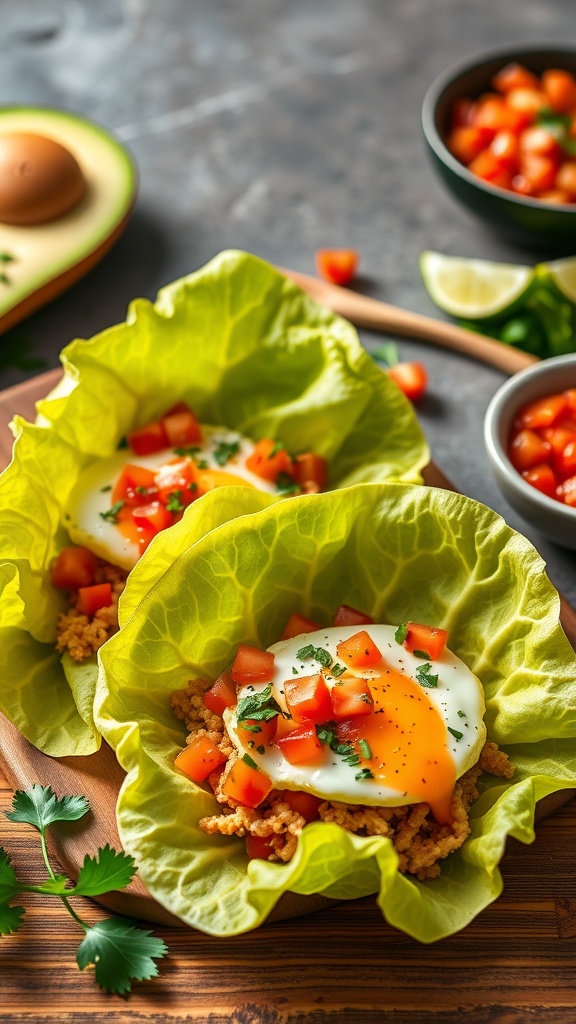 Keto breakfast tacos with lettuce wraps filled with scrambled eggs, diced tomatoes, and cilantro.