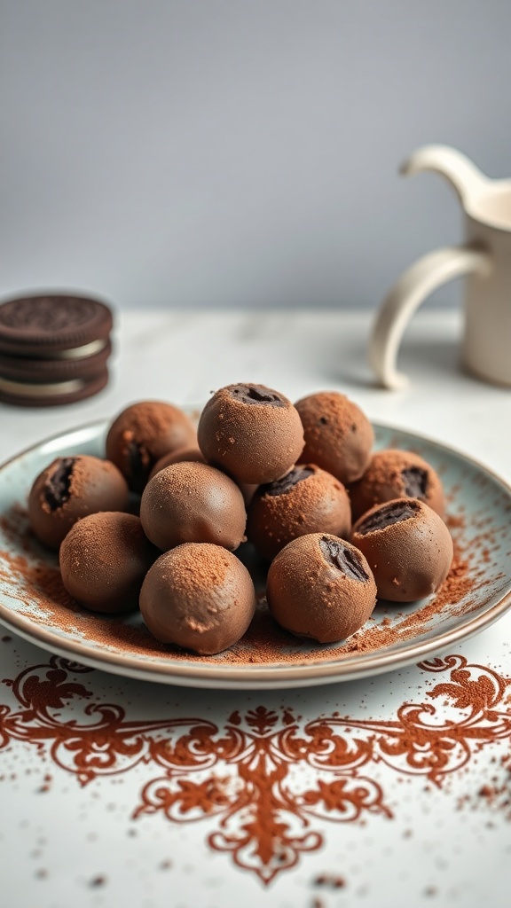 A plate of Oreo truffles dusted with cocoa powder.