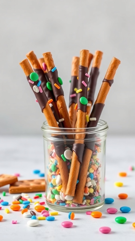 A jar filled with chocolate dipped pretzel rods decorated with colorful sprinkles.