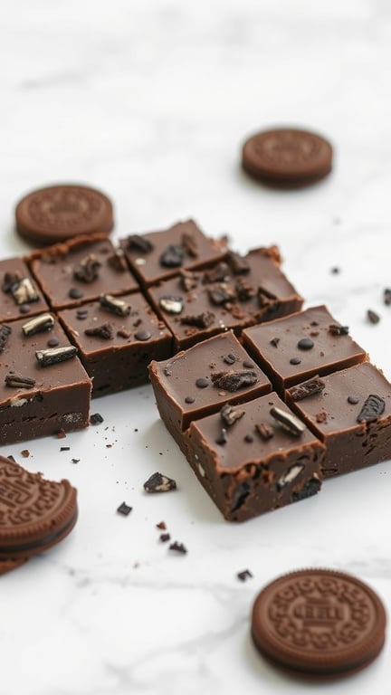 Delicious Oreo fudge squares topped with crushed Oreos on a marble surface.