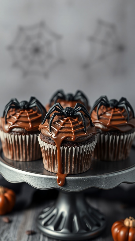 Spider Web Cupcakes topped with chocolate frosting and plastic spiders