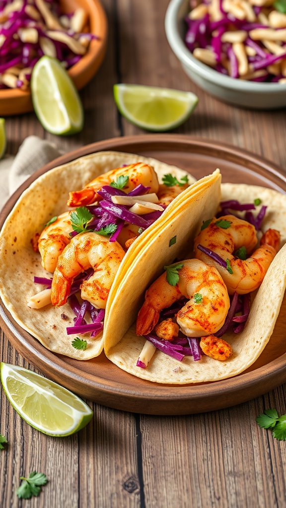 Keto shrimp tacos with cabbage slaw on a wooden table, garnished with lime and cilantro.