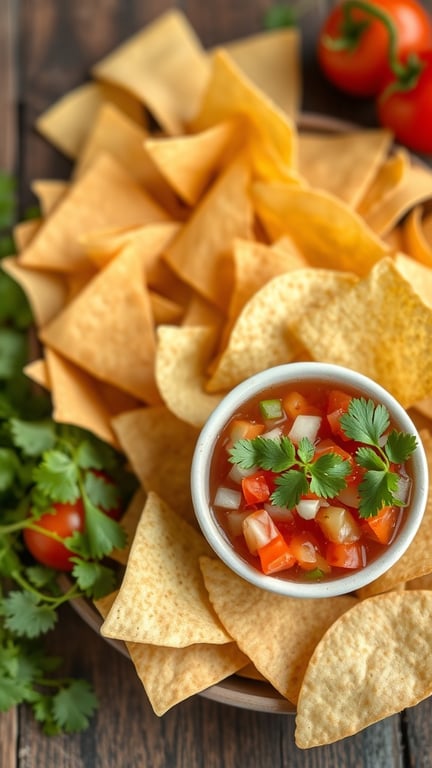 A bowl of Pico de Gallo with fresh tomatoes, surrounded by tortilla chips and garnished with cilantro.
