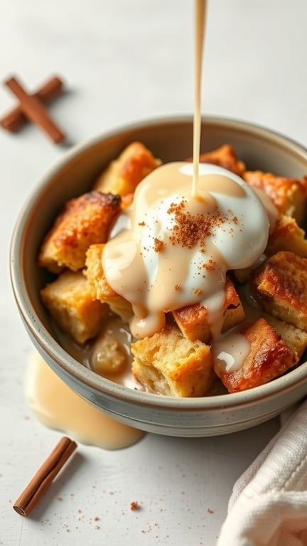 Bowl of apple bread pudding topped with vanilla sauce and a sprinkle of cinnamon