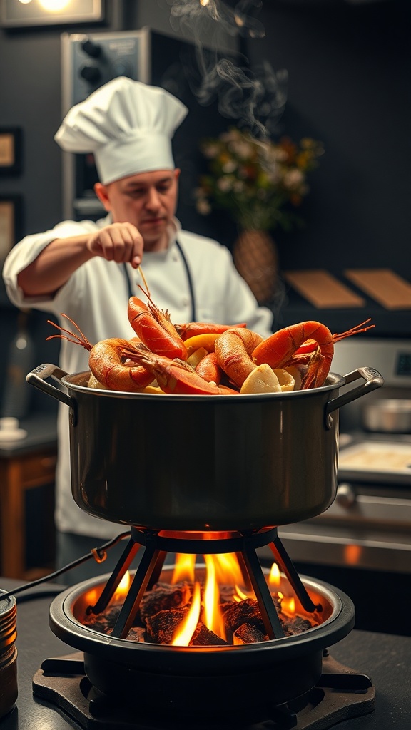 Chef preparing a seafood boil with shrimp in a pot over an open flame.