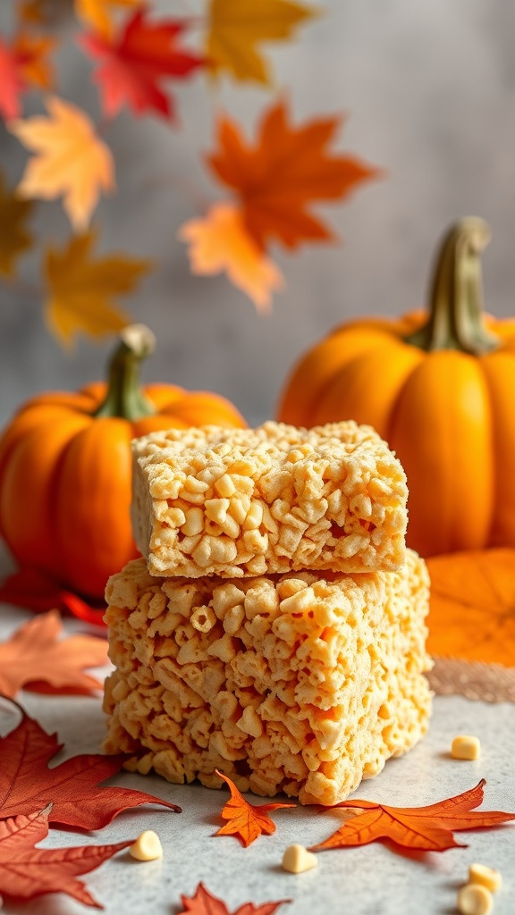 Pumpkin Spice Rice Krispie Treats with autumn leaves and pumpkins