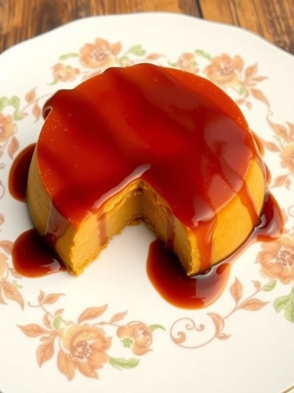 A slice of pumpkin flan topped with caramel sauce on a floral plate.