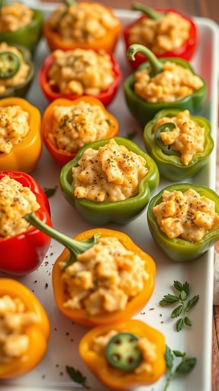 A platter of colorful stuffed mini peppers filled with creamy cheese mixture.