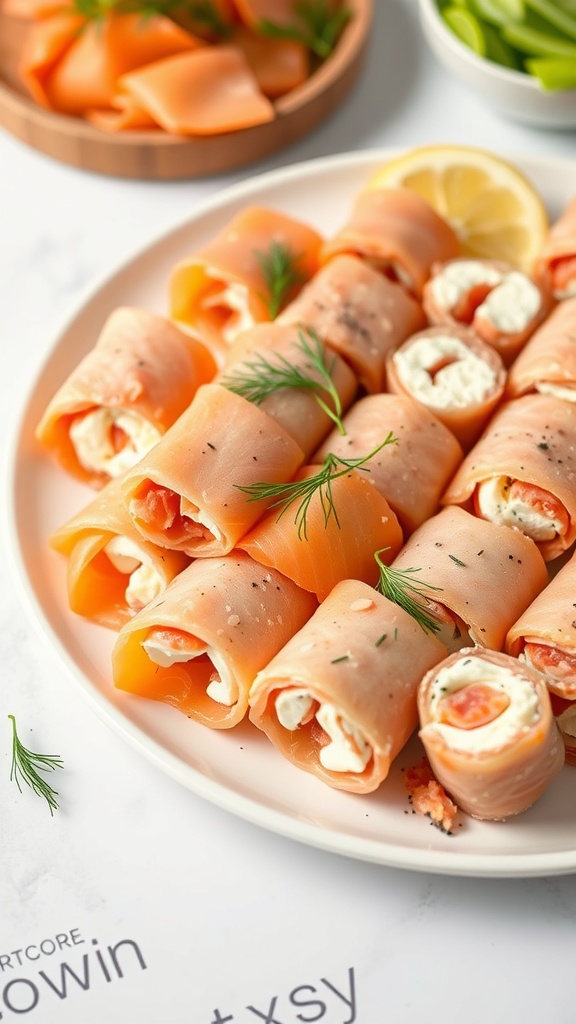 Plate of cream cheese and smoked salmon roll-ups garnished with dill and lemon