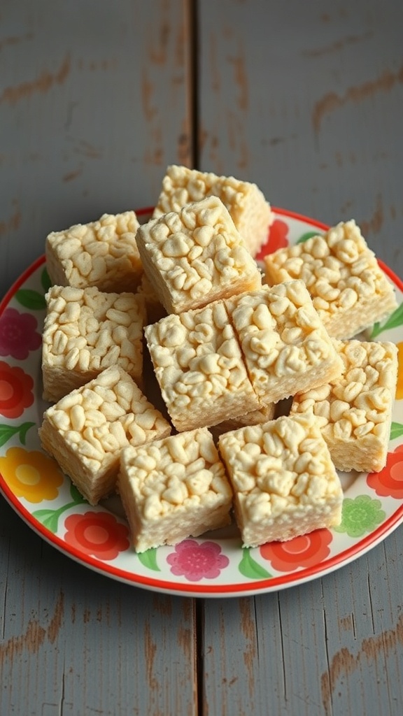 A plate of classic Rice Krispie treats cut into squares.