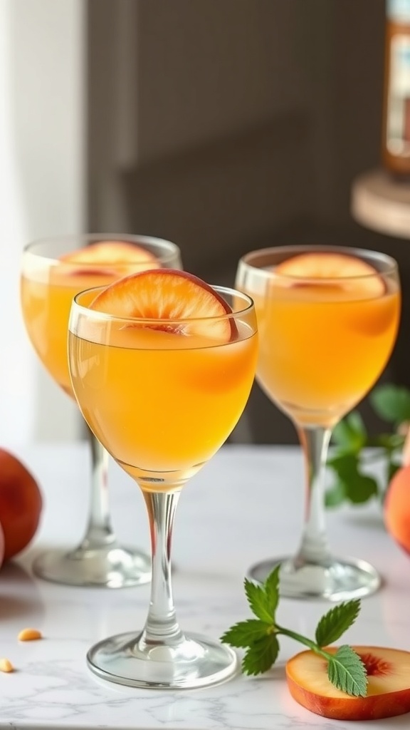 Three Peach Bellini Jello Shots garnished with peach slices and mint leaves