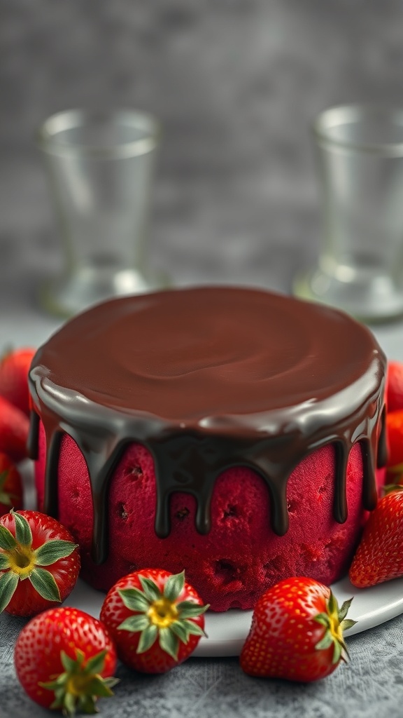 A vibrant red cake topped with chocolate ganache and surrounded by fresh strawberries.