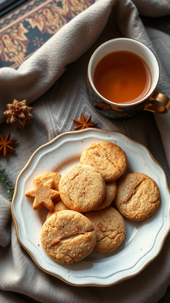 A plate of chai-spiced cookies with a cup of tea, surrounded by spices.