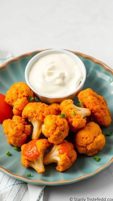 A plate of buffalo cauliflower bites with a creamy blue cheese dip