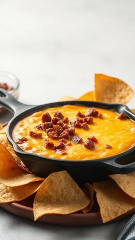 A skillet filled with creamy queso fundido topped with chorizo, surrounded by tortilla chips.