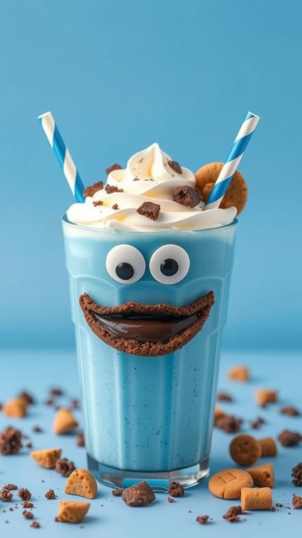 A bright blue milkshake with whipped cream, cookie toppings, and a playful cookie monster face.