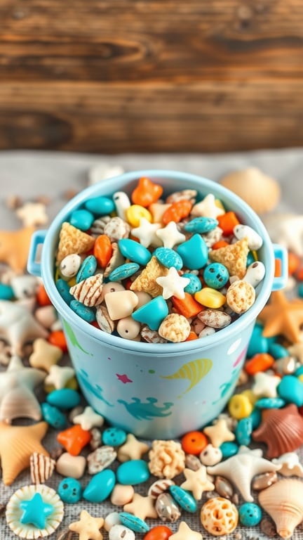 A bucket filled with colorful ocean-themed trail mix snacks, including star shapes and sea creature designs.
