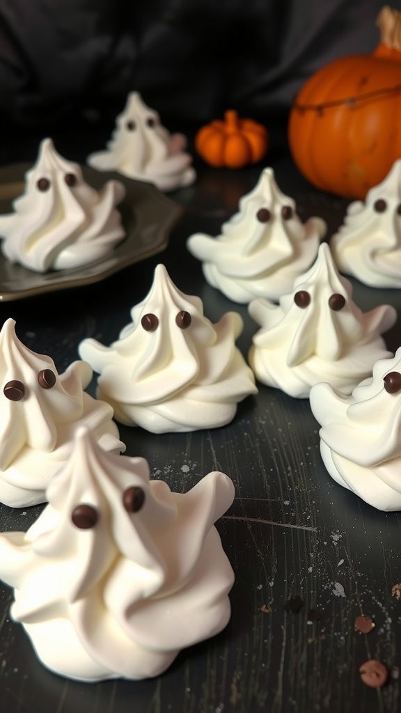 A plate of ghost-shaped meringue cookies with chocolate chip eyes, set against a dark background with a small pumpkin.