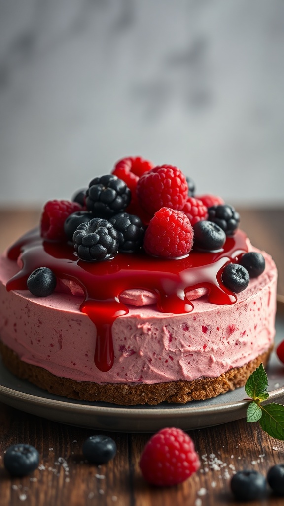A delicious Red Berry Delight Cake topped with fresh berries and a glossy sauce.