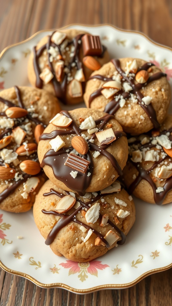 A plate of Almond Joy Cookies topped with chocolate, almonds, and coconut.