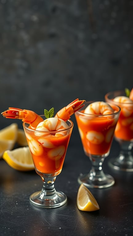 Three shrimp cocktail shots with lemon wedges on a dark background.
