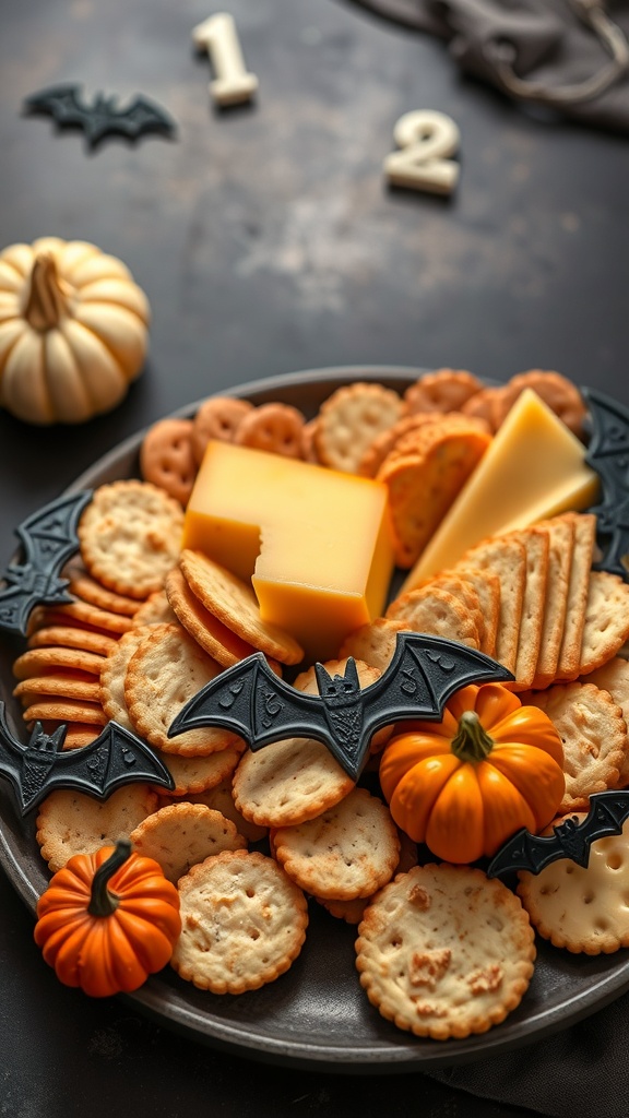 A platter of Halloween-themed cheese and crackers with bat-shaped crackers and mini pumpkins.
