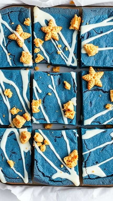 Blue Velvet Cookie Bars with white chocolate drizzle and star-shaped cookie toppings
