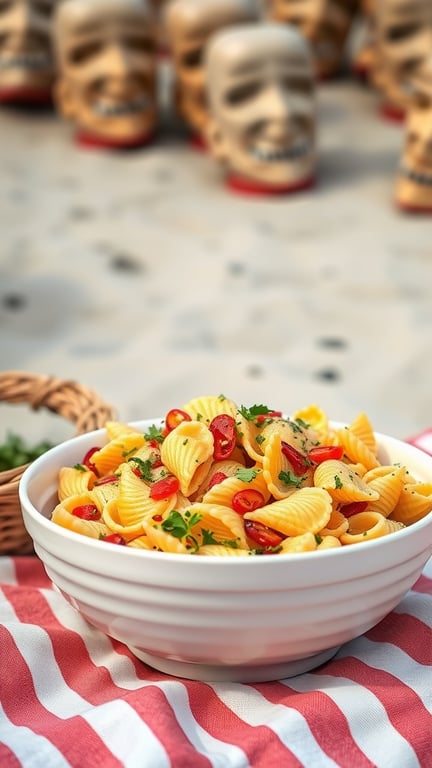 A bowl of shell-shaped pasta salad with colorful vegetables on a picnic blanket.