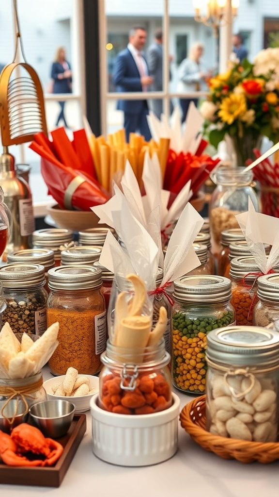 A table filled with jars of spices, snacks, and colorful decorations for a seafood boil party.