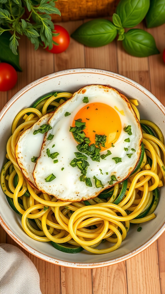 A bowl of zucchini noodles topped with a sunny side up egg and pesto, garnished with fresh herbs.