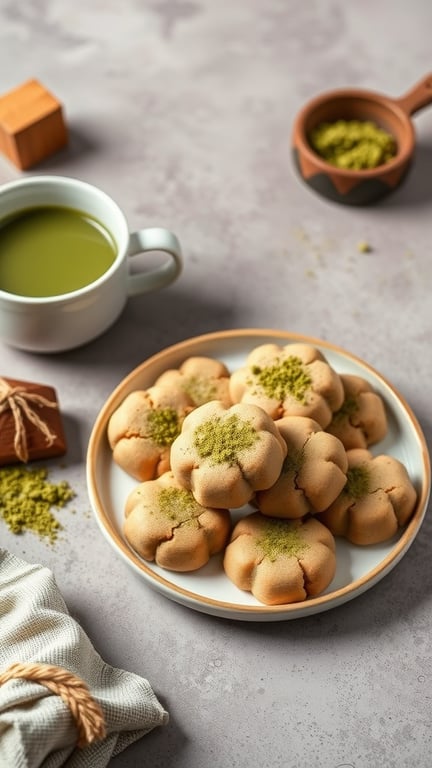 A plate of matcha green tea no-bake cookies with a cup of green tea and matcha powder on the side.