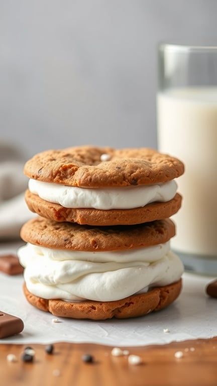 A stack of s'mores cookie sandwiches with marshmallow filling, next to a glass of milk.